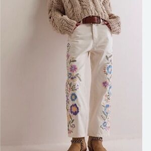 Free People Willow Embroidered Cream Pants
